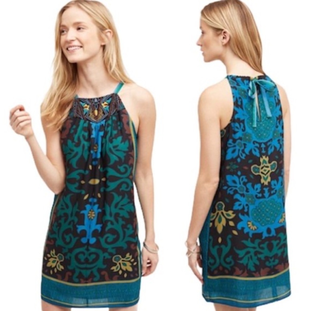 Anthropologie One September Del Mar Beaded Halter Tie Neck Bow Slip Dress - XS